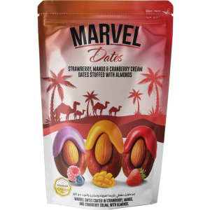Marvel date coated in strawberry ,mango,and cranberry cream with almonds 150gm