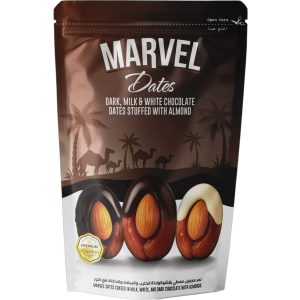 Marvel date coated in milk, white, and dark chocolate with almonds 150gm